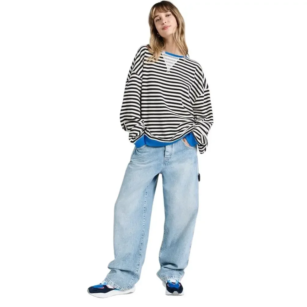 Free People We The Free Black Classic Striped Contrast Crew Sweatshirt